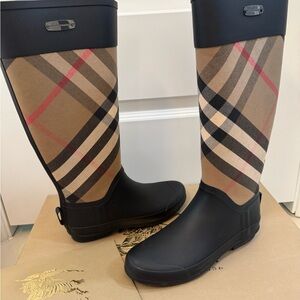 Burberry Black and Tan Plaid Winter Rain Boots